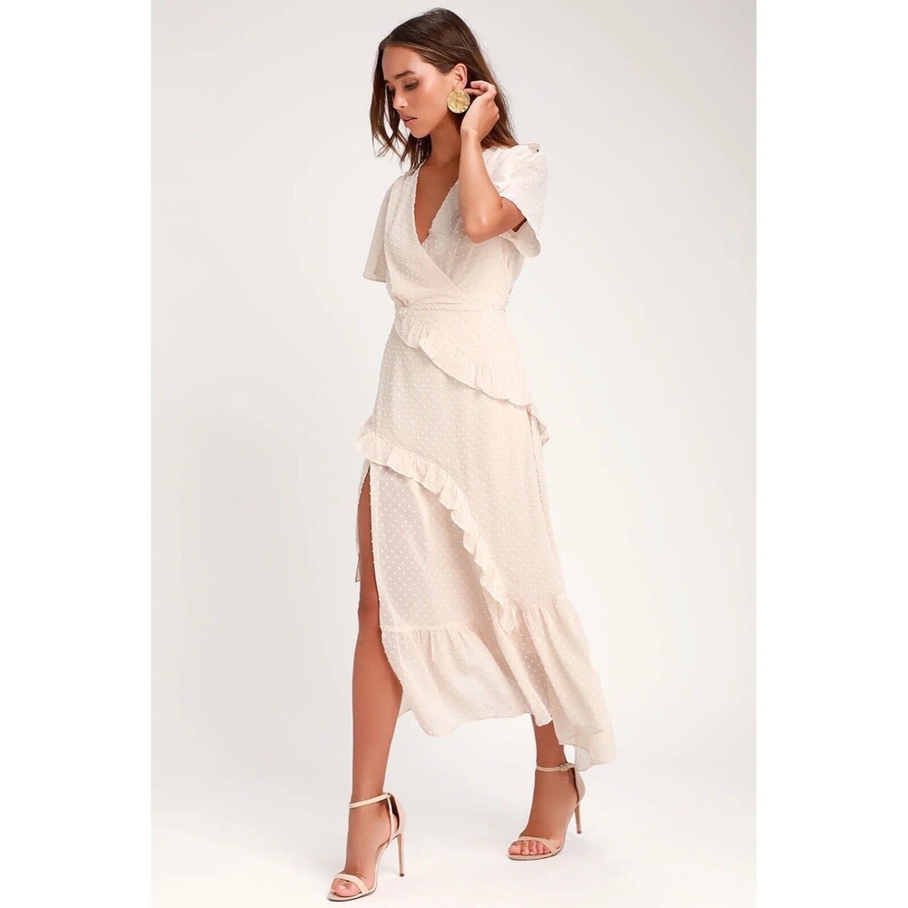 Lulu's Next to You Cream Swiss Dot Ruffled Midi‎ Dress Women's Size Small NWT